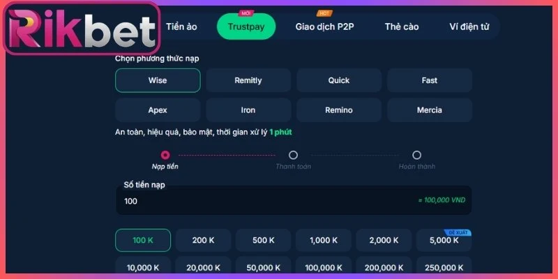 Hướng dẫn nạp tiền Rikbet qua từng hình thức cụ thể